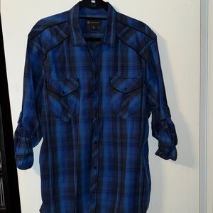 INC International Concepts Blue and Black Plaid Shirt